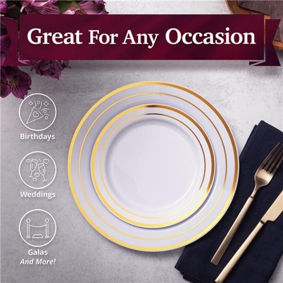 Cutlery Kingdom 60 Plastic Plates Disposable with White & Gold Rim - 30 Plates - Picture 6 of 7